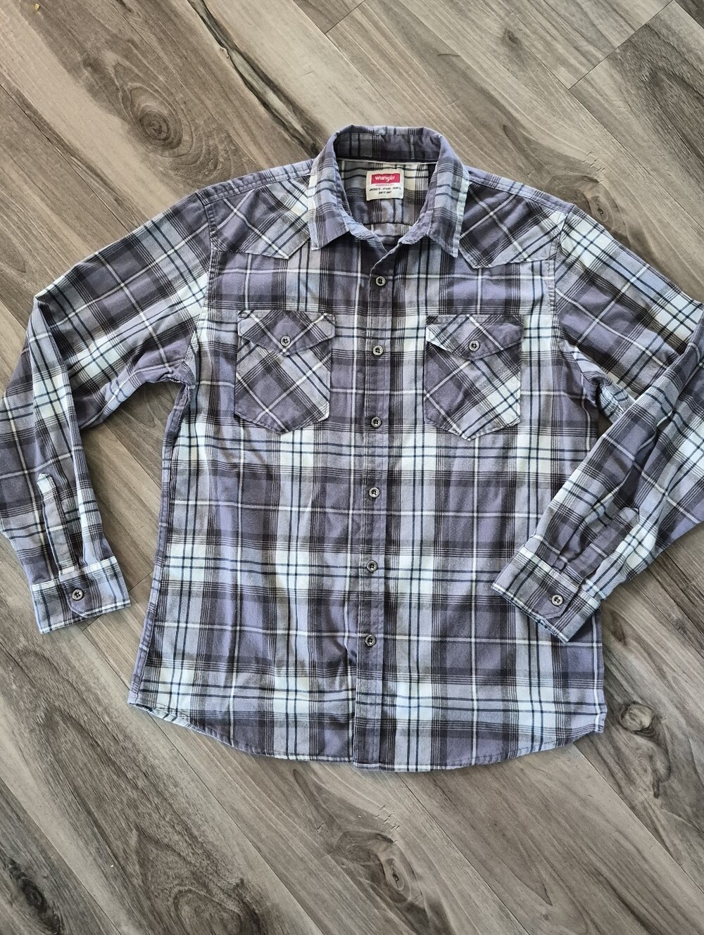 Mens Wrangler Western Plaid Shirt Grey Blue Yokes Flapped Pockets Pointed Collar